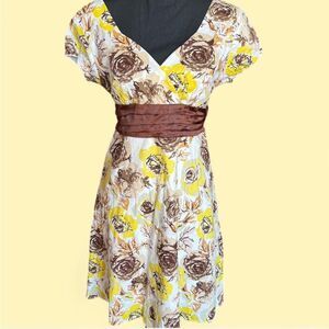 Aviva Premium Vintage Midi Yellow Cream Brown Floral Dress Size M